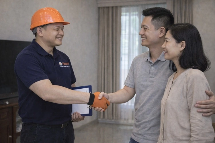 Kỹ thuật viên bắt tay gia đình khách hàng