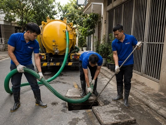 Thợ alo247 đang luồn ống hút bể phốt cho hộ gia đình tại Hà Nội