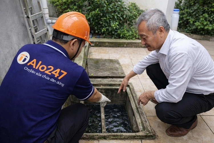 alo247 đang khảo sát bể phốt cùng khách hàng