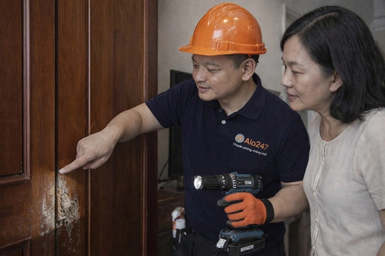 thợ alo247 cùng khách hàng kiểm tra thiệt hại do mối