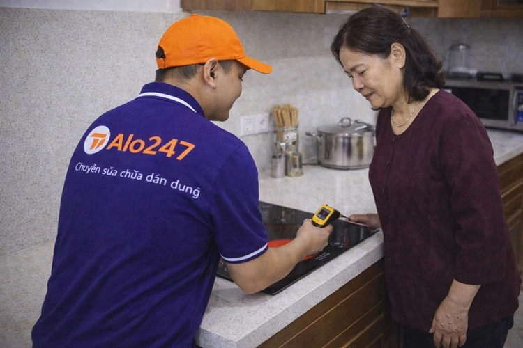 thợ alo247 đang kiểm tra bếp từ tại nhà khách hàng