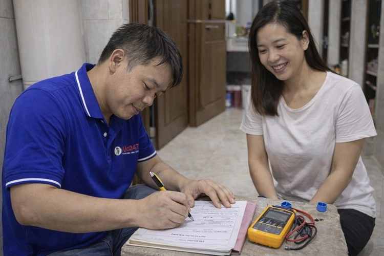 thợ alo247 viết phiếu bảo hành máy bơm cho khách hàng