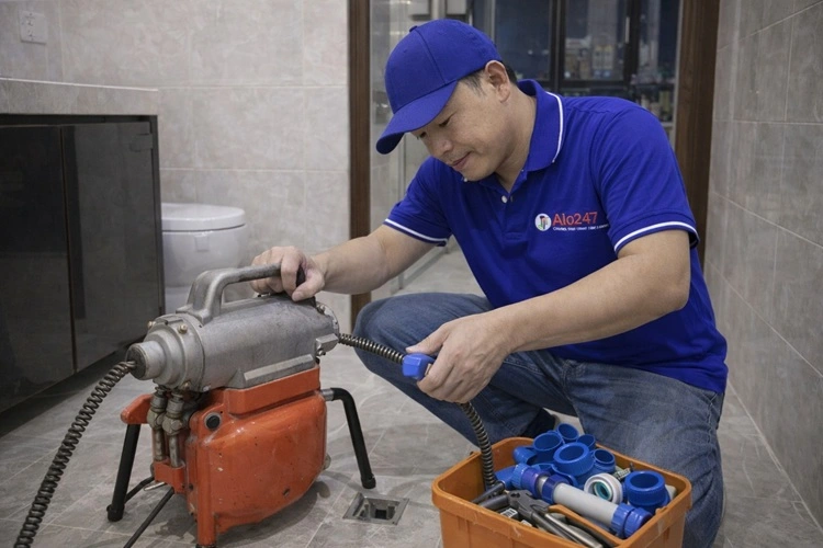 thợ alo247 chuẩn bị dụng cụ máy lò xo thông tắc thoát sàn