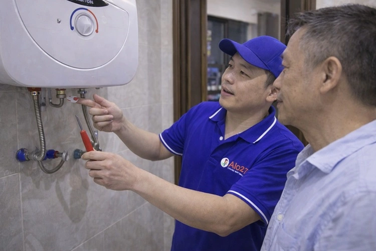 thợ alo247 giải thích cho khách hàng về phương án sửa chữa bình nóng lạnh