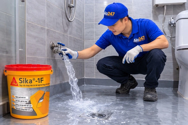 thợ alo247 kiểm tra sàn nhà vệ sinh sau khi thi công