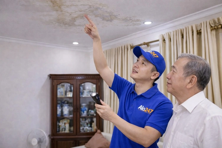 thợ alo247 kiểm tra trần nhà bị thấm nước tại nhà khách hàng