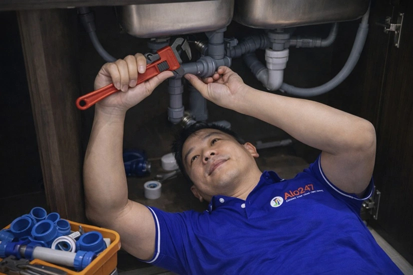thợ alo247 đang sửa ống nước bồn rửa bát