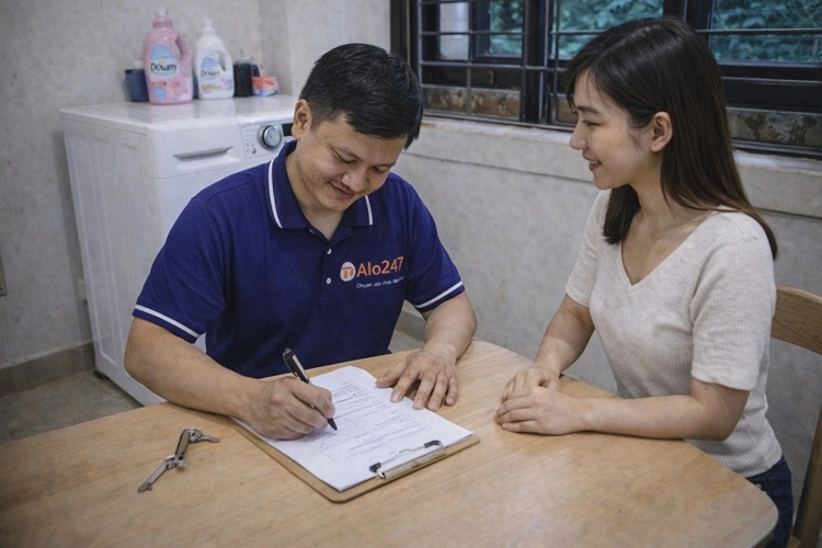 thợ alo247 viết phiếu bảo hành cho khách hàng