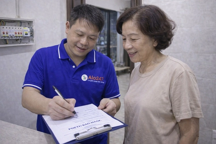 thợ sửa điện chập alo247 ghi phiếu bảo hành cho khách hàng sau khi sửa xong