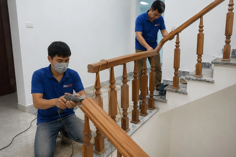 Thợ alo247 sửa chữa tay vịn cầu thang gỗ