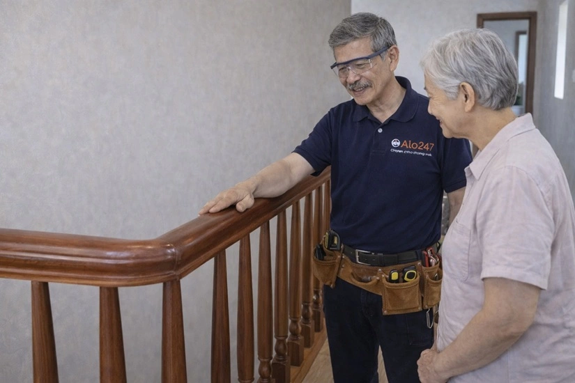 thợ alo247 cùng khách hàng kiểm tra cầu thang mới sửa