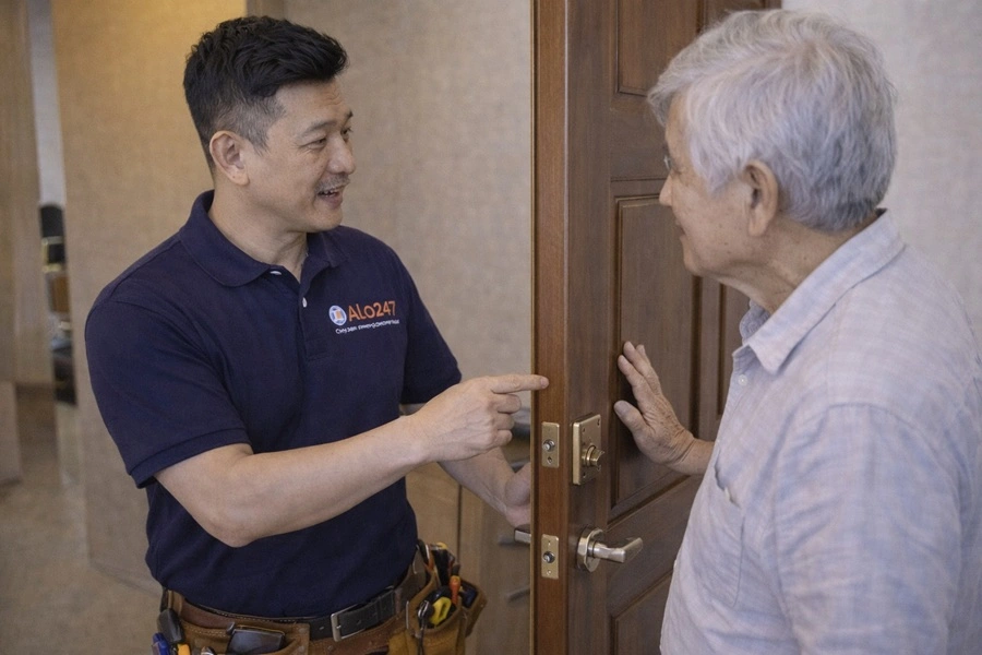 thợ alo247 đang kiểm tra cửa gỗ bị hỏng
