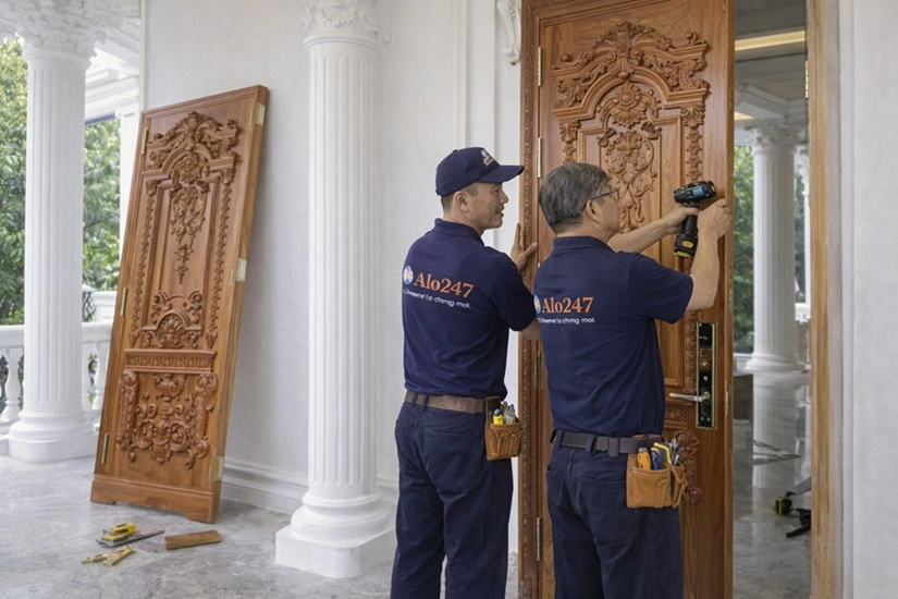 thợ alo247 đang lắp đặt cửa gỗ