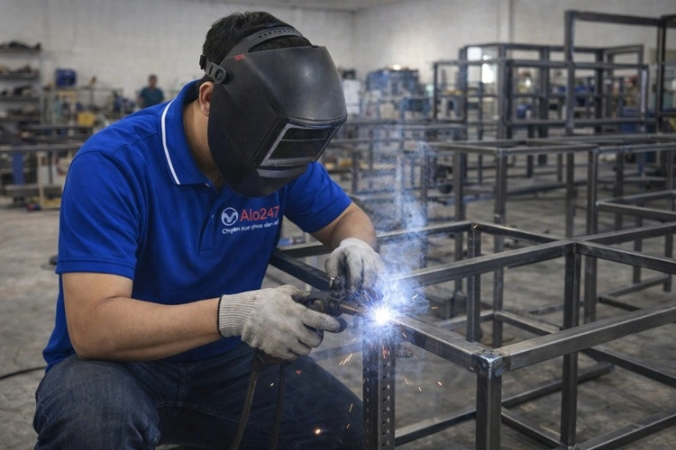 thợ alo247 hàn khung sắt trong xưởng