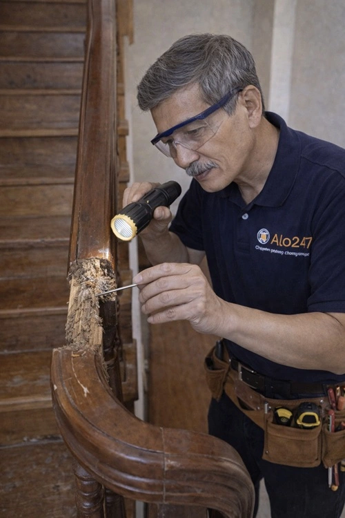 thợ alo247 kiểm tra cầu thang gỗ cũ bị hỏng