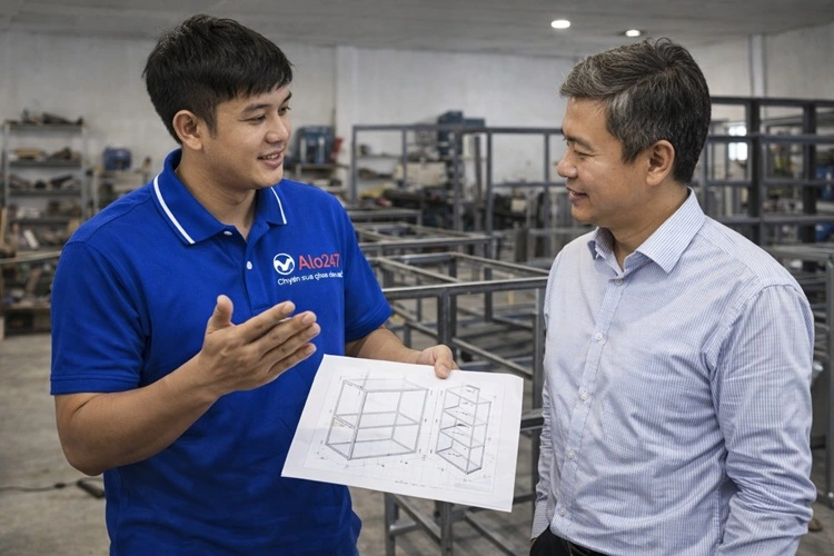 thợ alo247 thảo luận thiết kế khung sắt trong xưởng