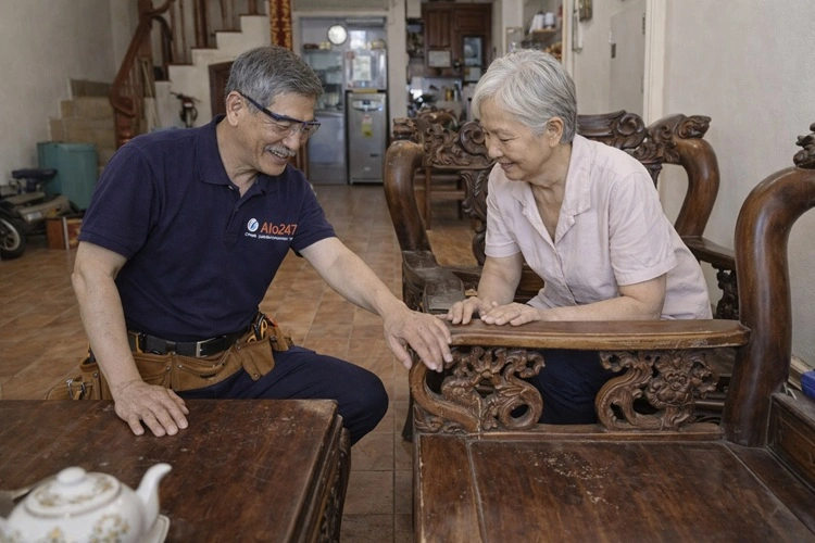 thợ mộc alo247 khảo sát bàn ghế gỗ cũ bị hỏng