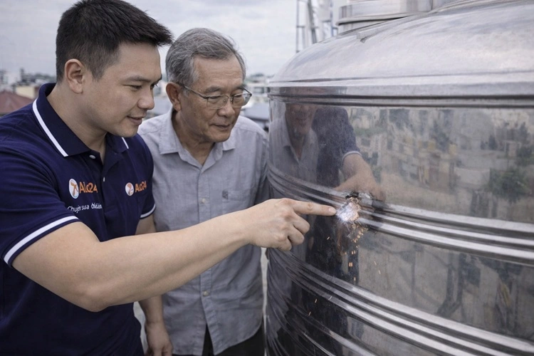 thợ alo247 và khách kiểm tra bồn nước inox vừa được sửa chữa