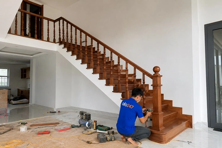 Thợ alo247 thi công cầu thang gỗ công nghiệp