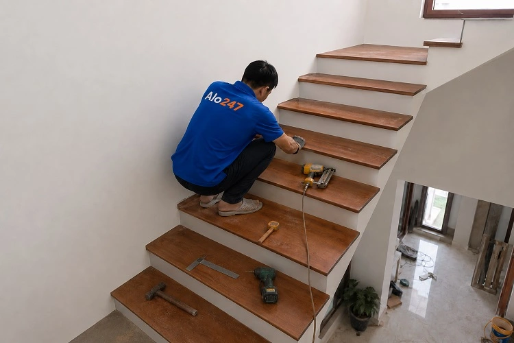 Thợ alo247 thi công cầu thang gỗ tự nhiên