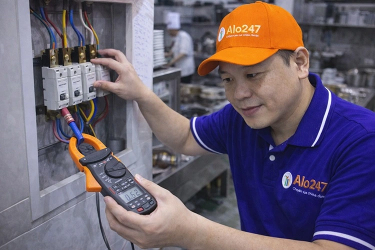 thợ alo247 đang cân lại hệ thông điện 3 pha cho nhà hàng ở Hà Nội