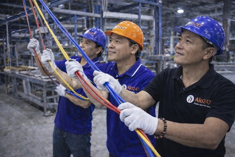 thợ alo247 đang kéo dây lắp đặt điện 3 pha tại xưởng sản xuất