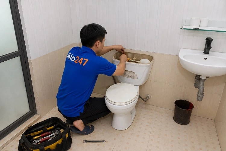 Thợ alo247 đang sửa bồn cầu bị hỏng phao tự động