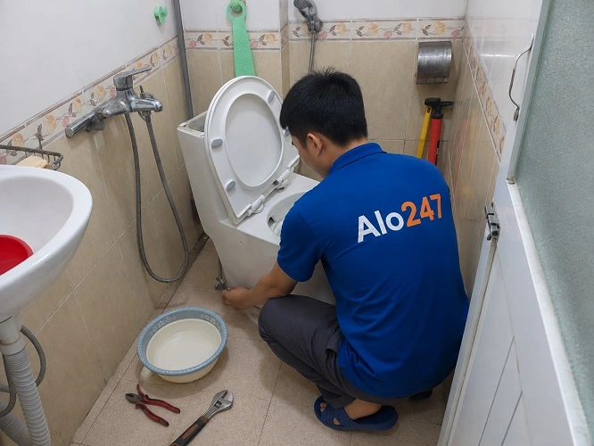 Thợ alo247 đang sửa bồn cầu bị rò nước tại Hoàn Kiếm