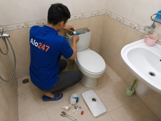 Thợ alo247 đang sửa bồn cầu bị rò rỉ nước không ngừng