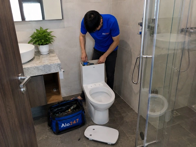 Thợ alo247 đang sửa bồn cầu bị rỏ rỉ
