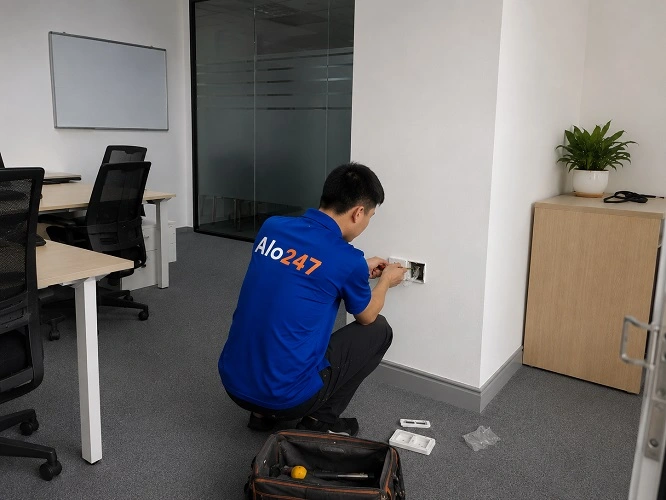 Thợ alo247 đang sửa điện bị chập cháy tại Đống Đa