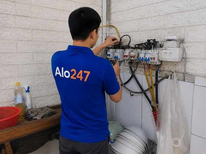 Thợ alo247 đang sửa điện bị chập cháy tại Hai Bà Trưng