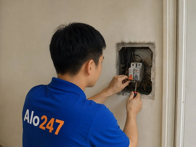 Thợ alo247 đang sửa điện bị chập cháy tại Hoàn Kiếm