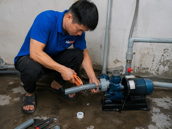 Thợ alo247 đang sửa máy bơm nước tại Ba Đình