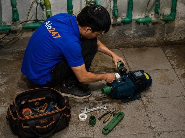 Thợ alo247 đang sửa máy bơm nước tại Đống Đa