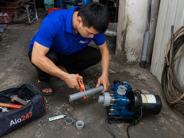 Thợ alo247 đang sửa máy bơm nước tại Hai Bà Trưng