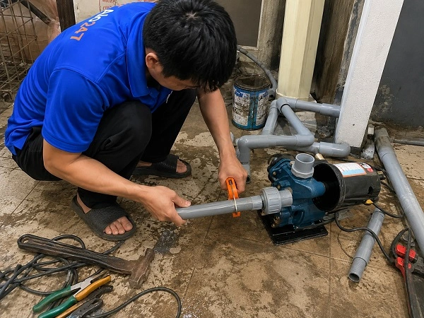 Thợ alo247 đang sửa máy bơm nước tại Hoàn Kiếm