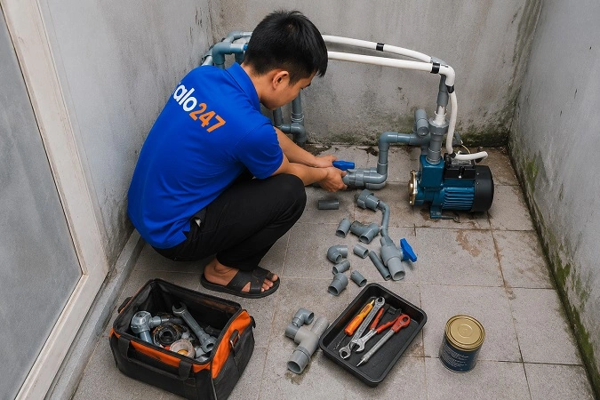 Thợ alo247 đang sửa máy bơm nước tại  Long Biên