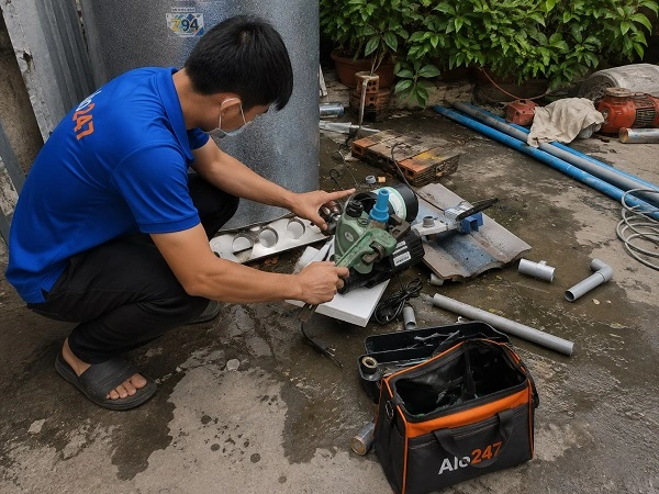 Thợ alo247 đang sửa máy bơm nước tại Tây Hồ