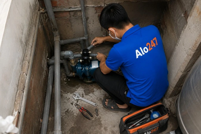 Thợ kiểm tra lại thiết bị trước khi bàn giao sau sửa chữa
