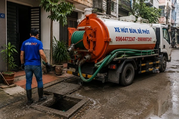 Thợ alo247 đang chuẩn bị đưa ống xuống bể phốt để hút chất thải.