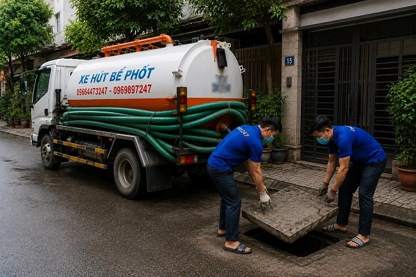 Thợ alo247 đang chuẩn bị hút bể phốt tại Ứng Hoà