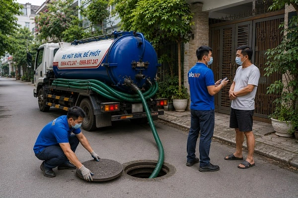 Thợ alo247 đang đưa ống xuống bể phốt để hút chất thải tại Cầu Giấy