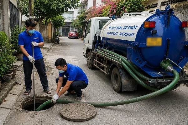 Thợ alo247 đang đưa ống xuống bể phốt để hút chất thải tại Thanh Xuân