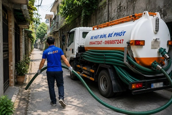 Thợ alo247 đang kéo ống để chuẩn bị hút bể phốt tại Tây Hồ