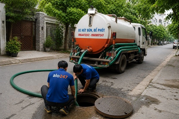 Thợ alo247 đang luồn ống hút bể phốt tại Ba Đình