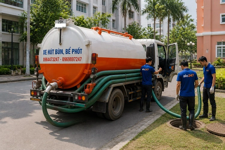 Thợ alo247 đang luồn ống hút bể phốt tại Hai Bà Trưng