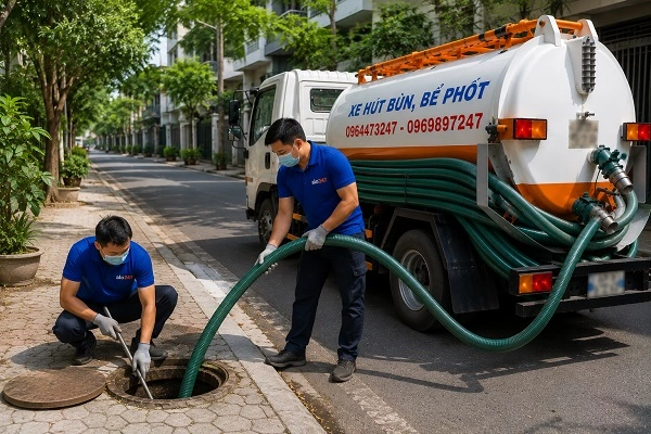 Thợ alo247 đang thi công hút bể phốt tại Long Biên
