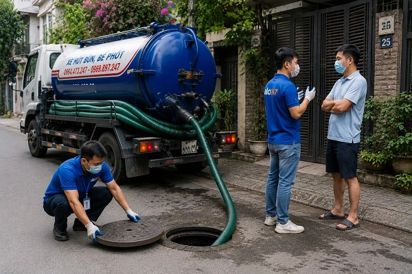 Thợ alo247 đang thi công hút bể phốt tại Tây Hồ
