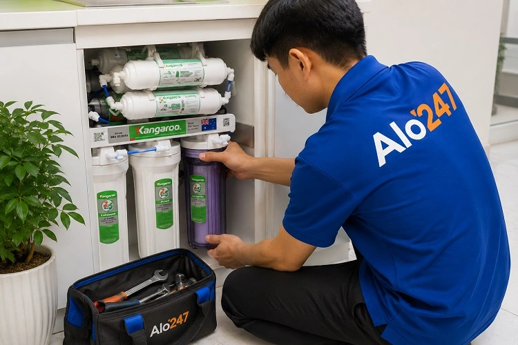 Thợ alo247 kiểm tra trước khi sửa máy lọc nước tại Hoàng Mai